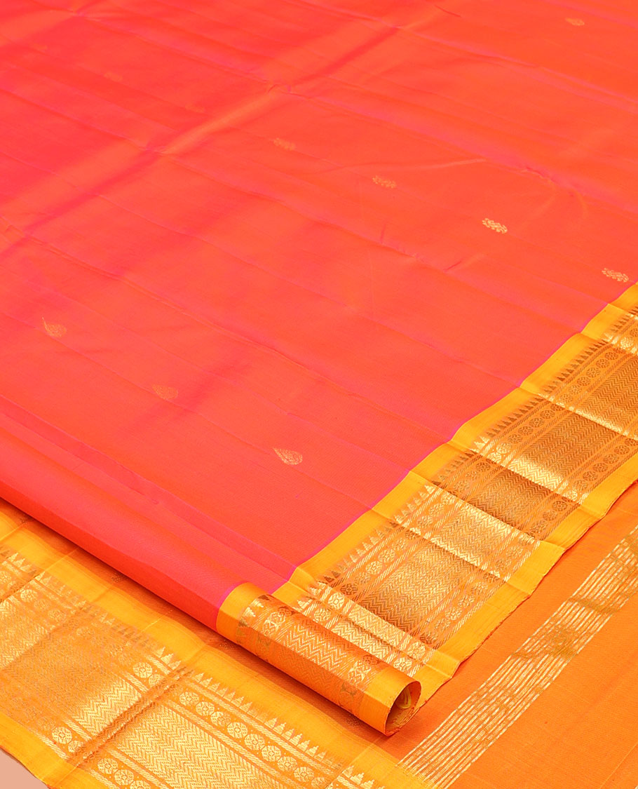 Pink Kanchipuram Silk Saree, Prettified with Zari Buttas, a Contrast One-Sided Border of Rekku, Banaras, Vanki, and Rudraksham Designs, a Zari Design Pallu, and No Blouse