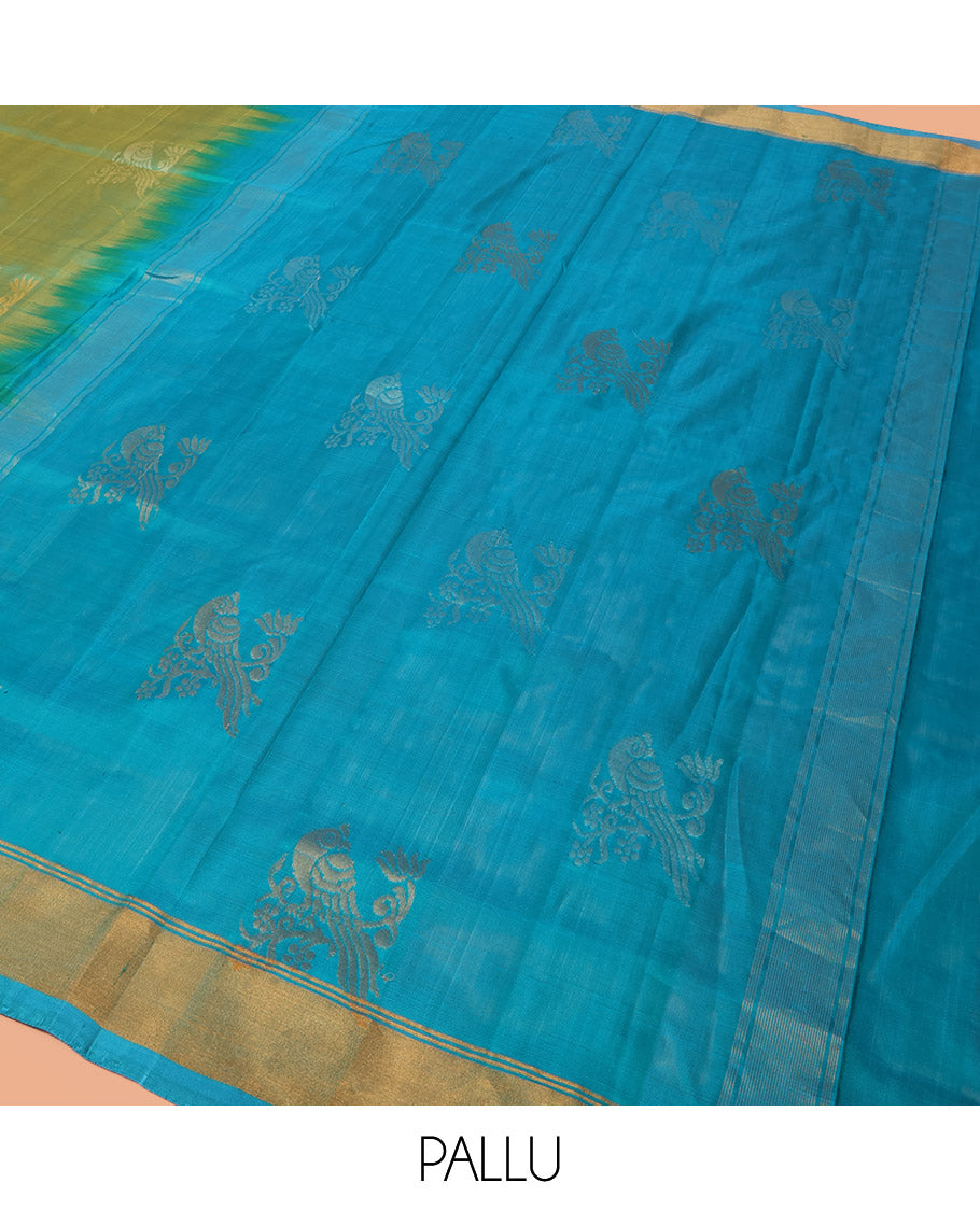 Green Uppada Silk Saree Beautified with Parrot Buttas All Over Its Body, Complemented by Bavanji Border, Captivating Pallu Depicting the Same Parrot Motifs, and Paired with a Contrast Blouse