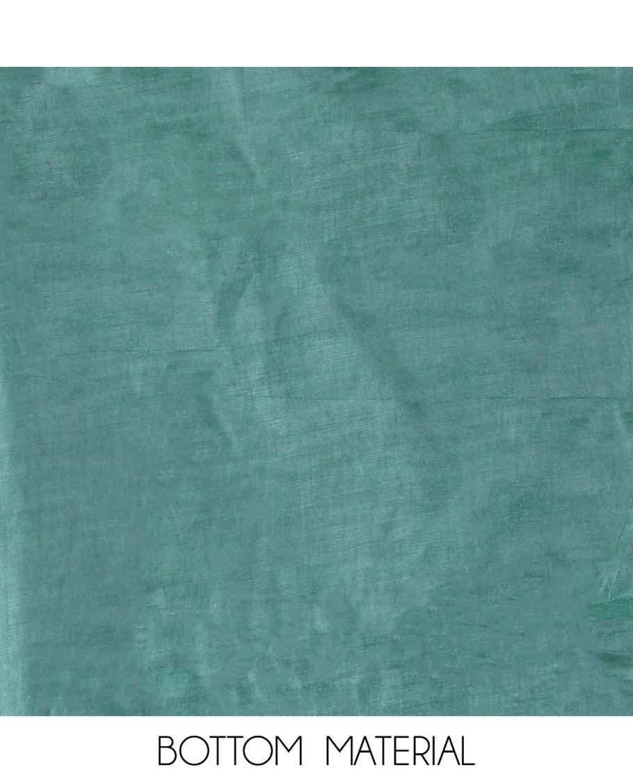 Green Mul Chanderi Material Churidar Features Jamdani-Style Meena Buttas Top, a Plain Bottom, and a Jamdani-Style Dupatta