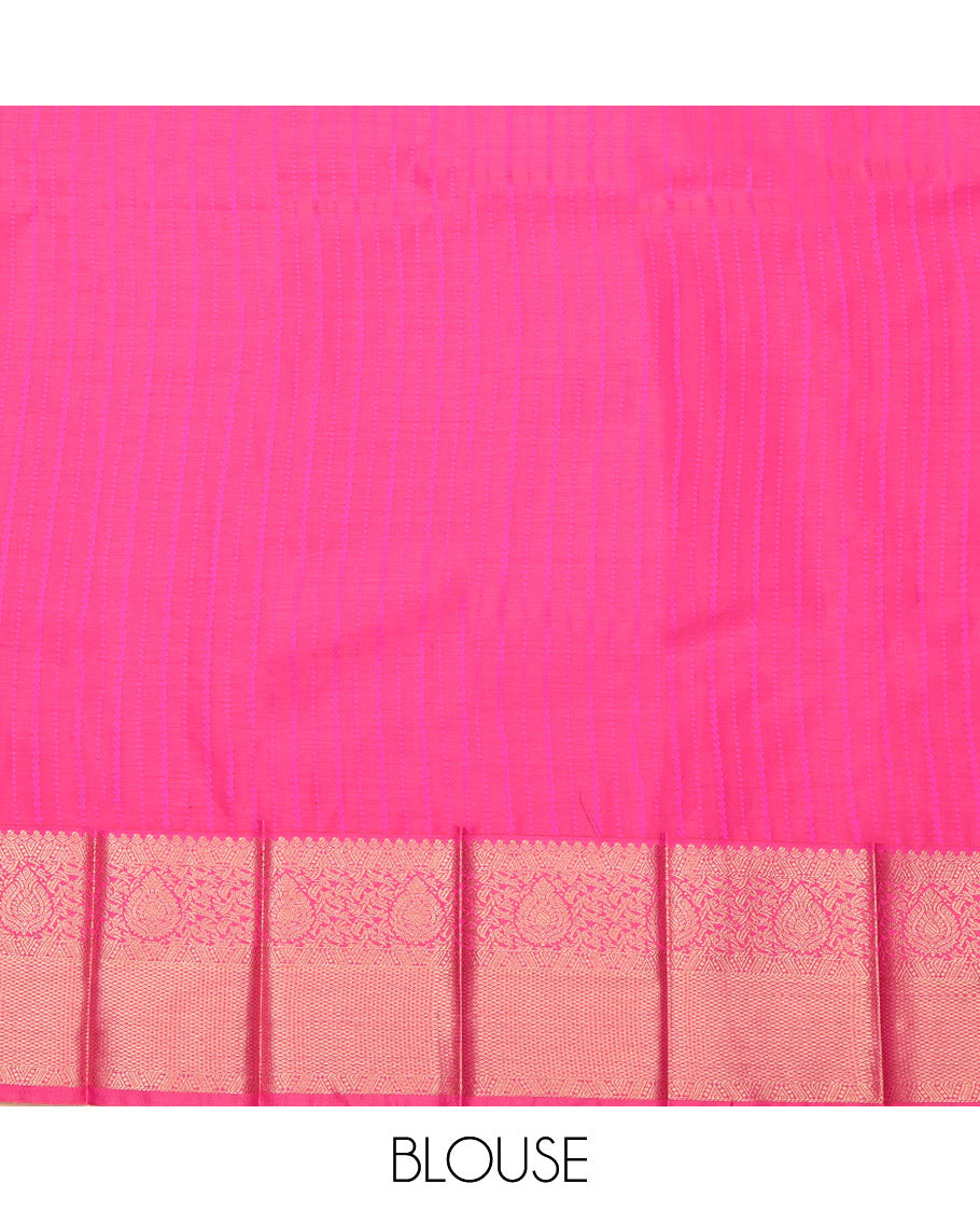 Green Budget Silk Saree, Steeped in Richness of Zari Stripes, Complemented by a Contrast Traditional Zari Border, Grand Pallu, and a Contrast Blouse