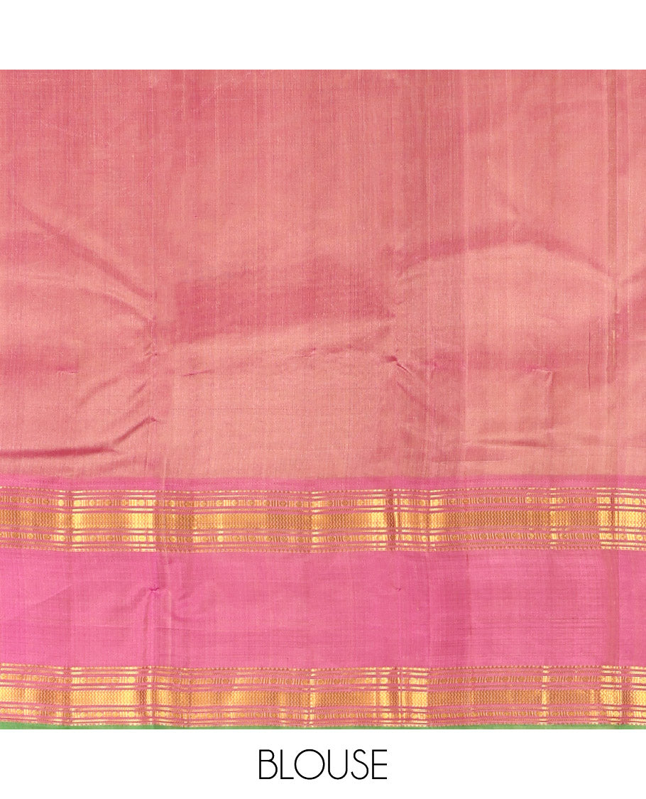 Sandal Plain Kanchipuram Silk Saree, Complemented by Contrast Rettai Pettu Border of Rekku, Rudraksham, and Vanki Designs, Pallu of Traditional Zari Designs, and Paired with a Contrast Blouse