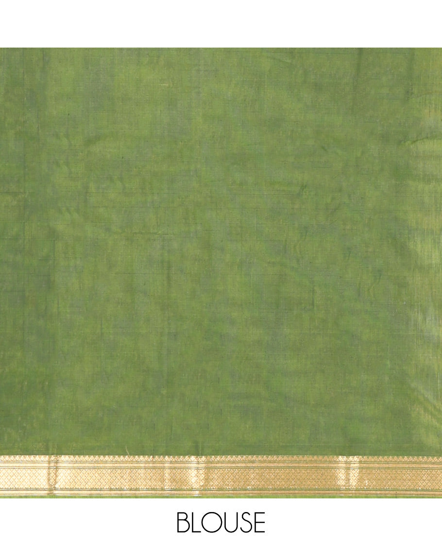 Blue Silk Cotton Saree, Entralled with Geometric Buttas All Over Its Body, Complemented by Contrast Traditional Zari Designs Woven Border, Grand Jaal Pallu and Paired with a Contrast Blouse