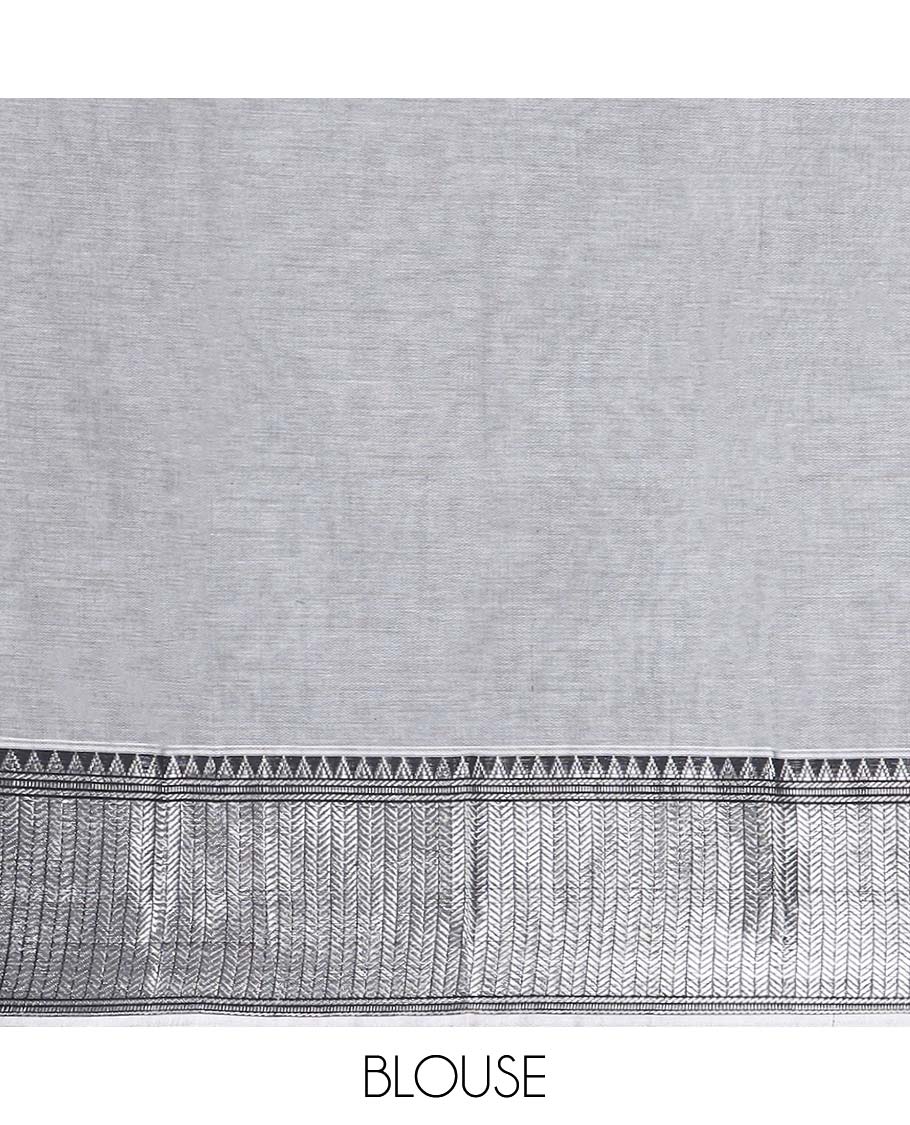 Grey cotton half saree with contrast zari design border, zari design blouse & plain, zari design border dhavani