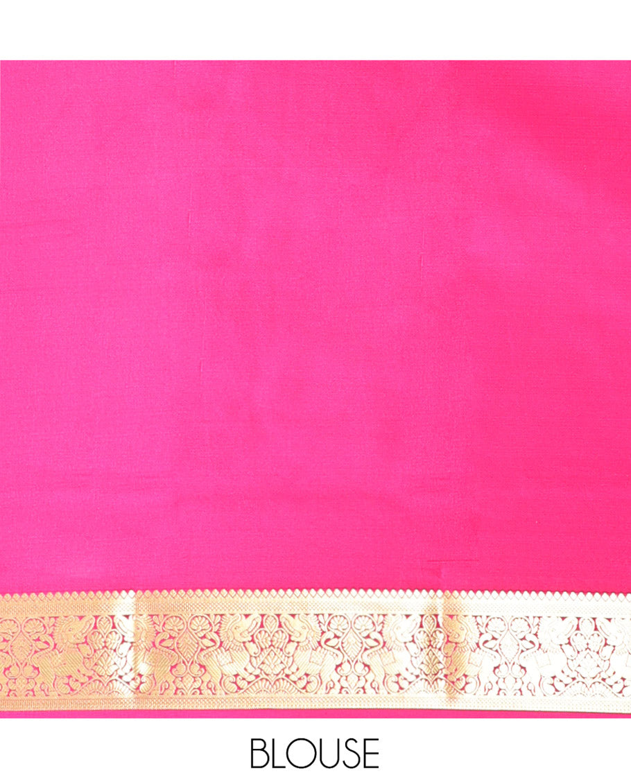 Pink Plain Mysore Silk Saree, Highlighted by a Traditional Zari Border of Yaali Designs, Pallu Steeped with Traditional Designs, and Paired with a Matching Blouse