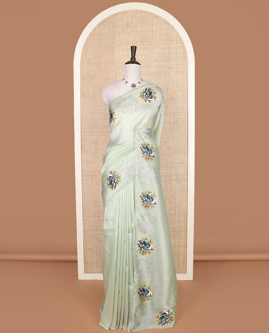 Green micro stone work designer saree with scallop stone work border of sparrow motifs digital print, and pallu of micro-stone work