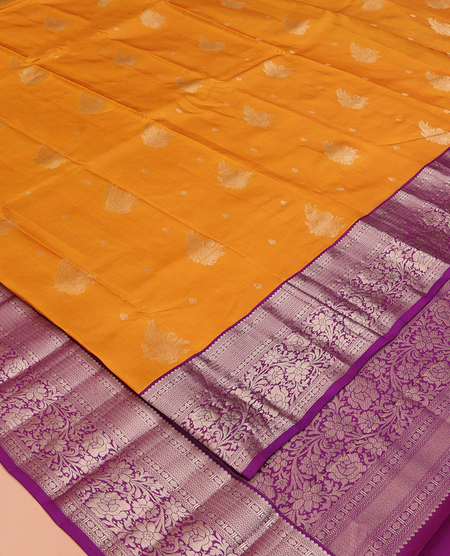 Yellow Vasundhara Silk Saree, Subtly Enriched with Zari Buttas All Over Its Body, Complemented by Contrast Border of Neli, Muthu, Poun, and Kodi Visiry Designs, Grand Pallu, and Paired with a Contrast Blouse