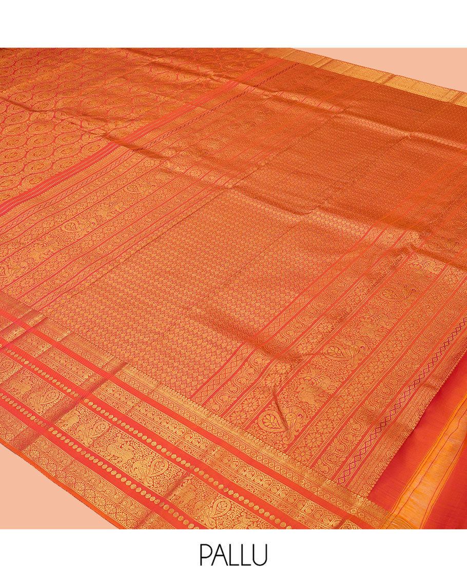 Orange Kanchipuram Wedding Silk Saree, Richly Detailed with Jacquard Design, a Zari Border of Thilakam, Poun, Manga, Mayil, Yaali, Paisa, and Dhavana Kodi, Grand Pallu, and a Matching Blouse