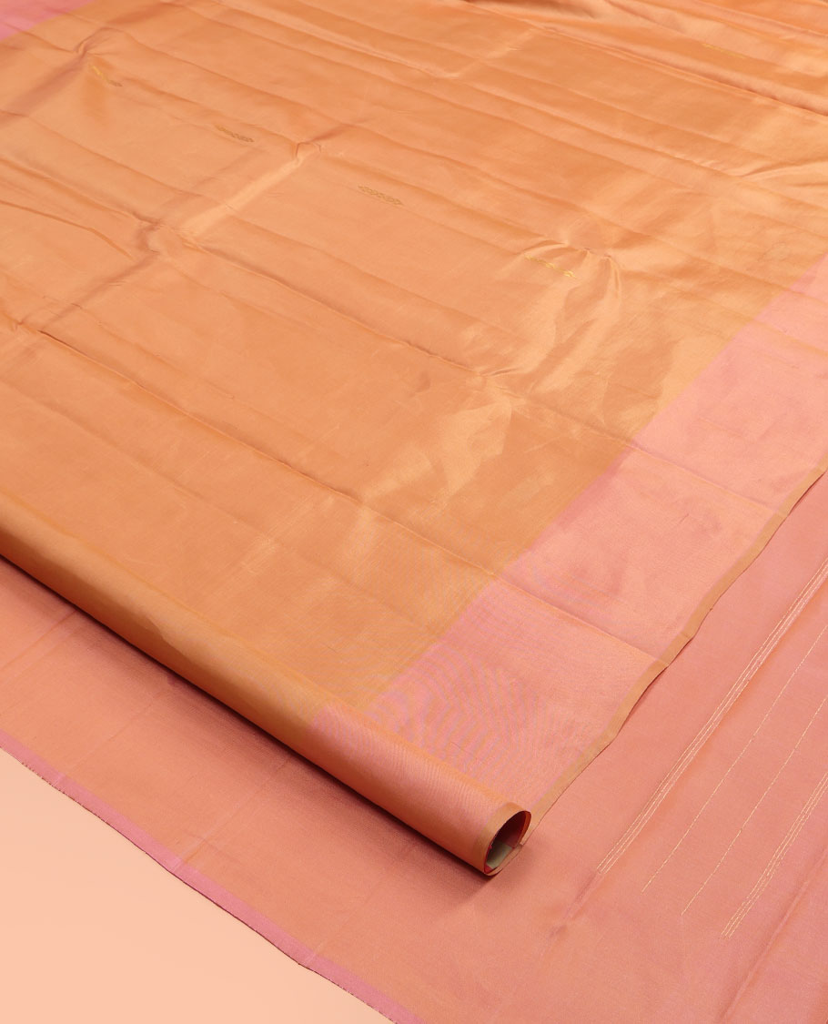 Orange Kanchipuram Silk Saree, Woven with Zari Buttas, Complemented by Semi Contrast Manga Motif Border, Pallu of Zari Design, and a Contrast Blouse
