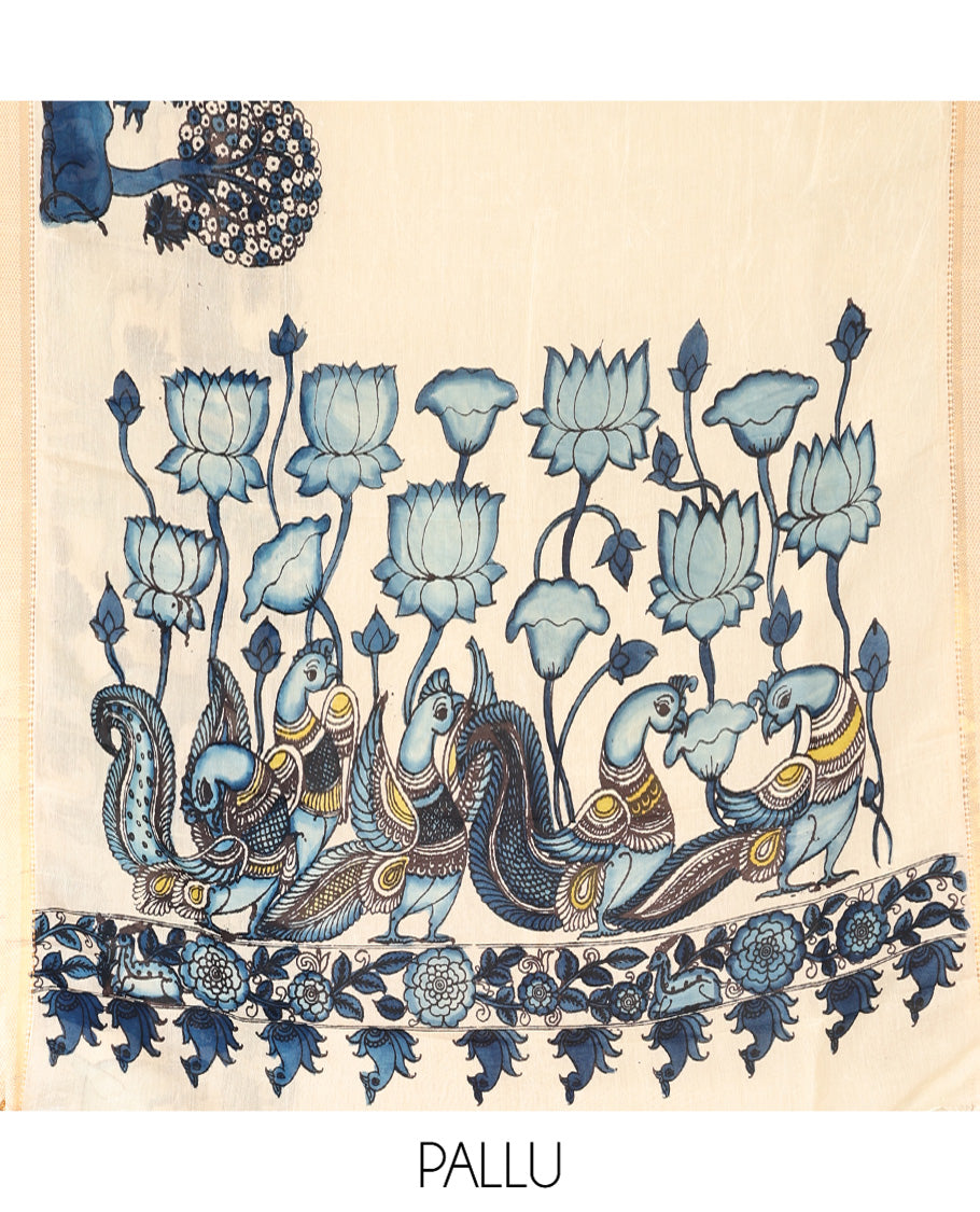 Cream Kalamkari Silk Saree, Crafted with Flora-Fauna Motifs, a Traditional Zari Border, Peacock Kalamkari Pallu, and a Matching Blouse