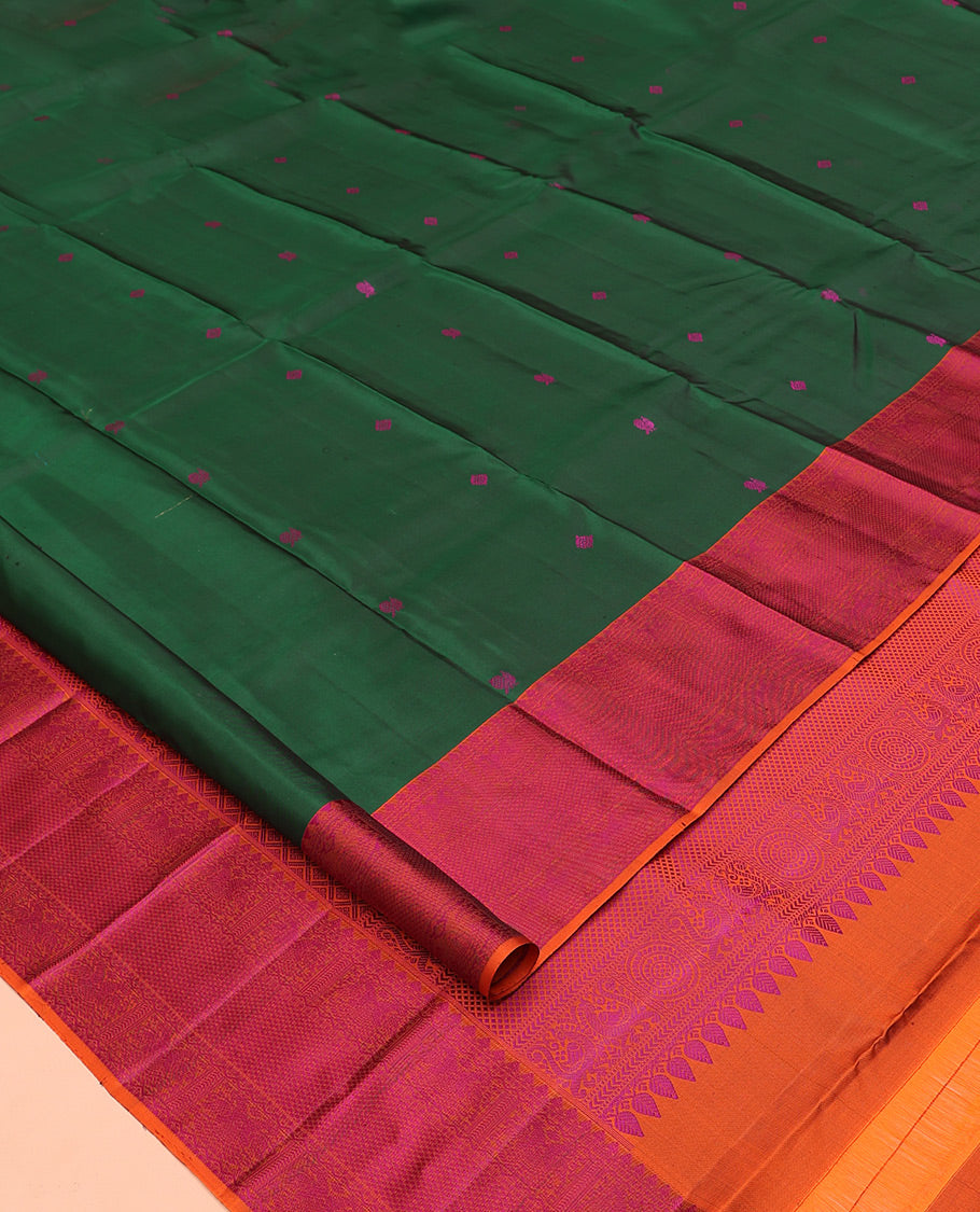 Green Kanchipuram Silk Saree, Accentuated with Thread Buttas All Over Its Body, Complemented by Contrast Border of Iruthalai Pakshi, and Mayil Kann Designs, Jaal Pallu, and Paired with a Contrast Blouse