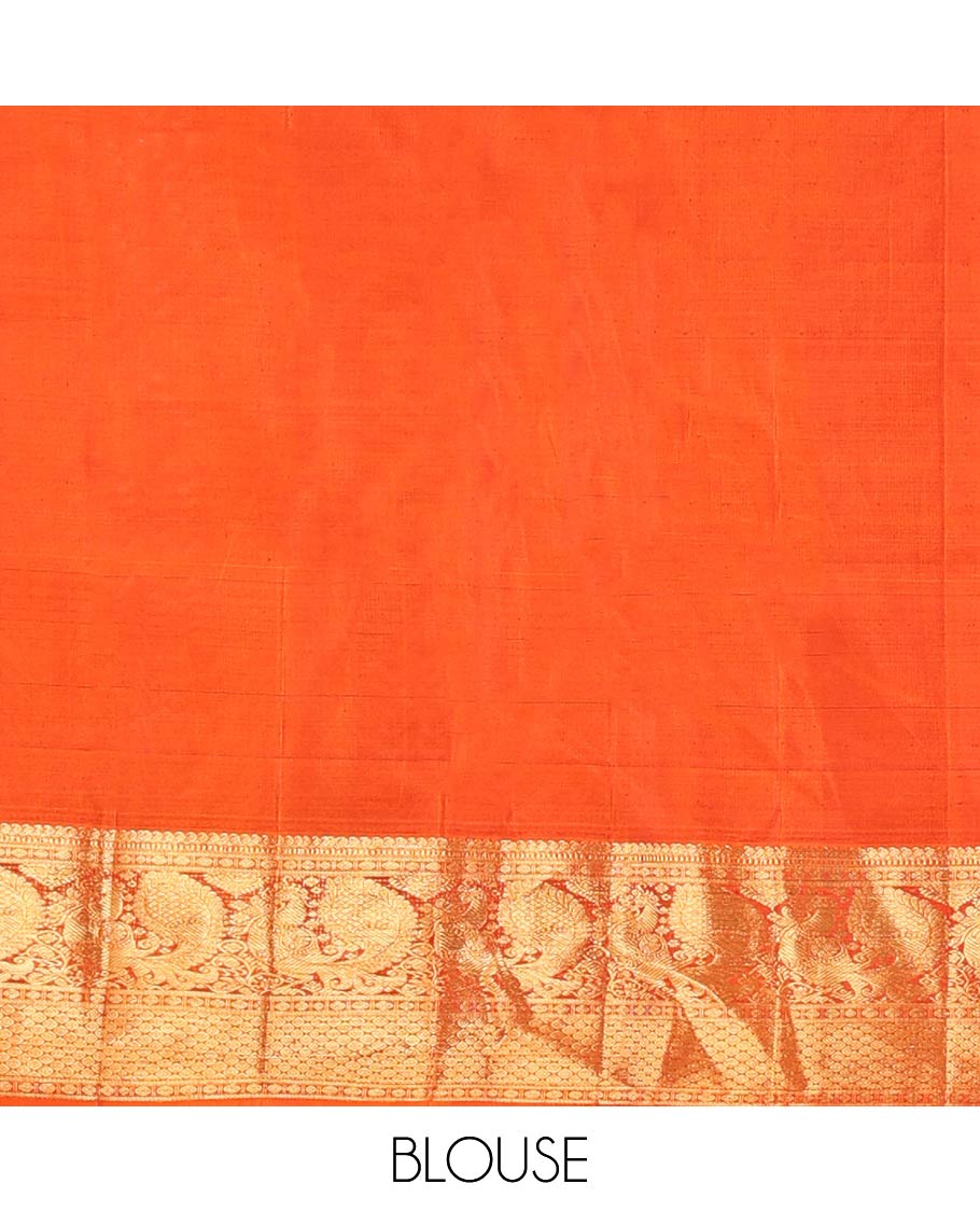 Rust Kanchipuram Wedding Silk Saree, Sparsely Woven with Jacquard Design On Its Body, Highlighted by Zari Border of Manga Mokku and Mayil Designs, Grand Jaal Pallu and Paired with a Matching Blouse