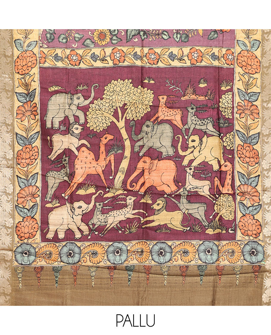 Brown Kalamkari Printed Semi-Banarasi Tussar Saree, Boldly Accentuated with Flora-Fauna Motifs, Contrast Border, Pallu of Fauna Motifs, and a Matching Blouse