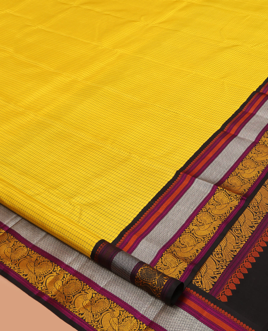 Yellow Kanchipuram Silk Saree, Woven with Checks, Complemented by Contrast Korvai Border of Thilakam Mokku, Rettai Neli, Kuyil Kann and Mayil Designs, Ara Maadam Pallu, and a Contrast Blouse