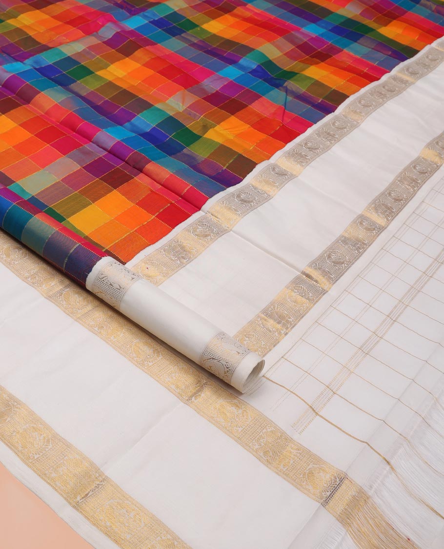 Multi-Color Palum Pazhamum Kattam Kanchipuram Silk Saree, Complemented by a Contrast Korvai Rettai Pettu Mayil Border, Checked Pallu, and Contrast Blouse