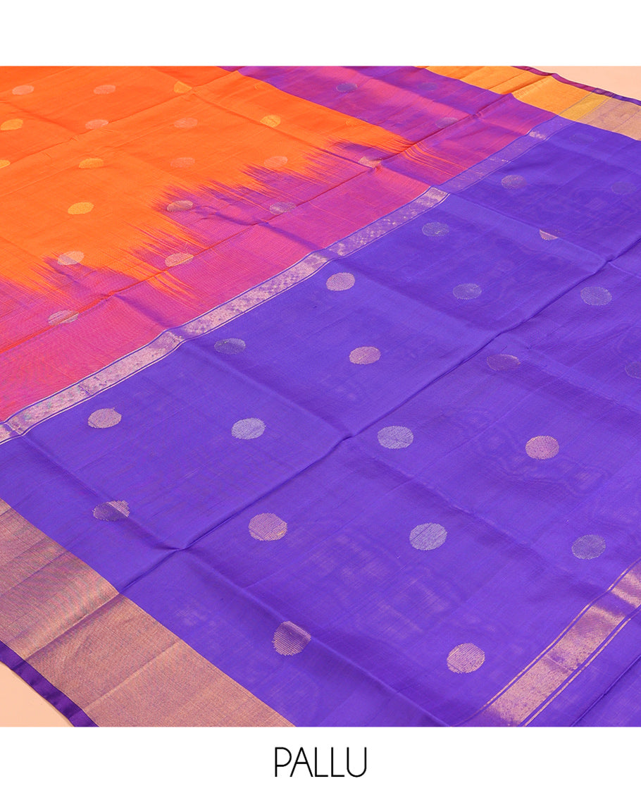 Orange Uppada Silk Saree, Accentuated with Polka Dot Buttas, Complemented by Contrast Bavanji Border, Pallu of Polka Dot Buttas and a Contrast Blouse