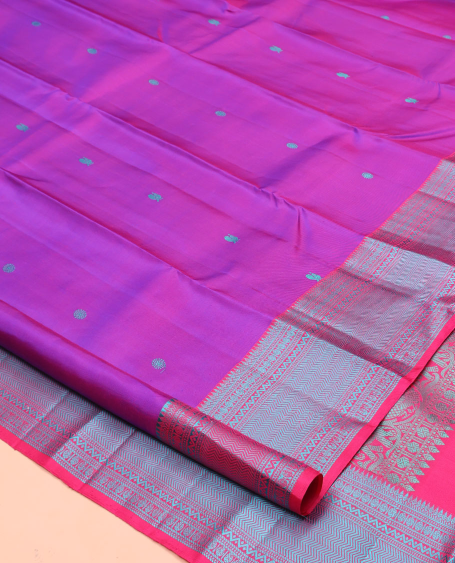 Purple Kanchipuram Designer Silk Saree, Delicately Woven with Mayil and Chakram Thread Buttas, Highlighted by Contrast Border of Thilakam, Banaras, Muthu, Rudraksham, Neli, and Vanki Designs, Delicately Woven Pallu, and Paired with a Contrast Blouse