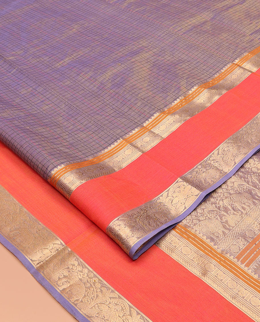 Lavender Buttas-Checks Kuppadam Silk Saree, a Contrast Double-Pet Border, Grand Pallu, Matching Blouse