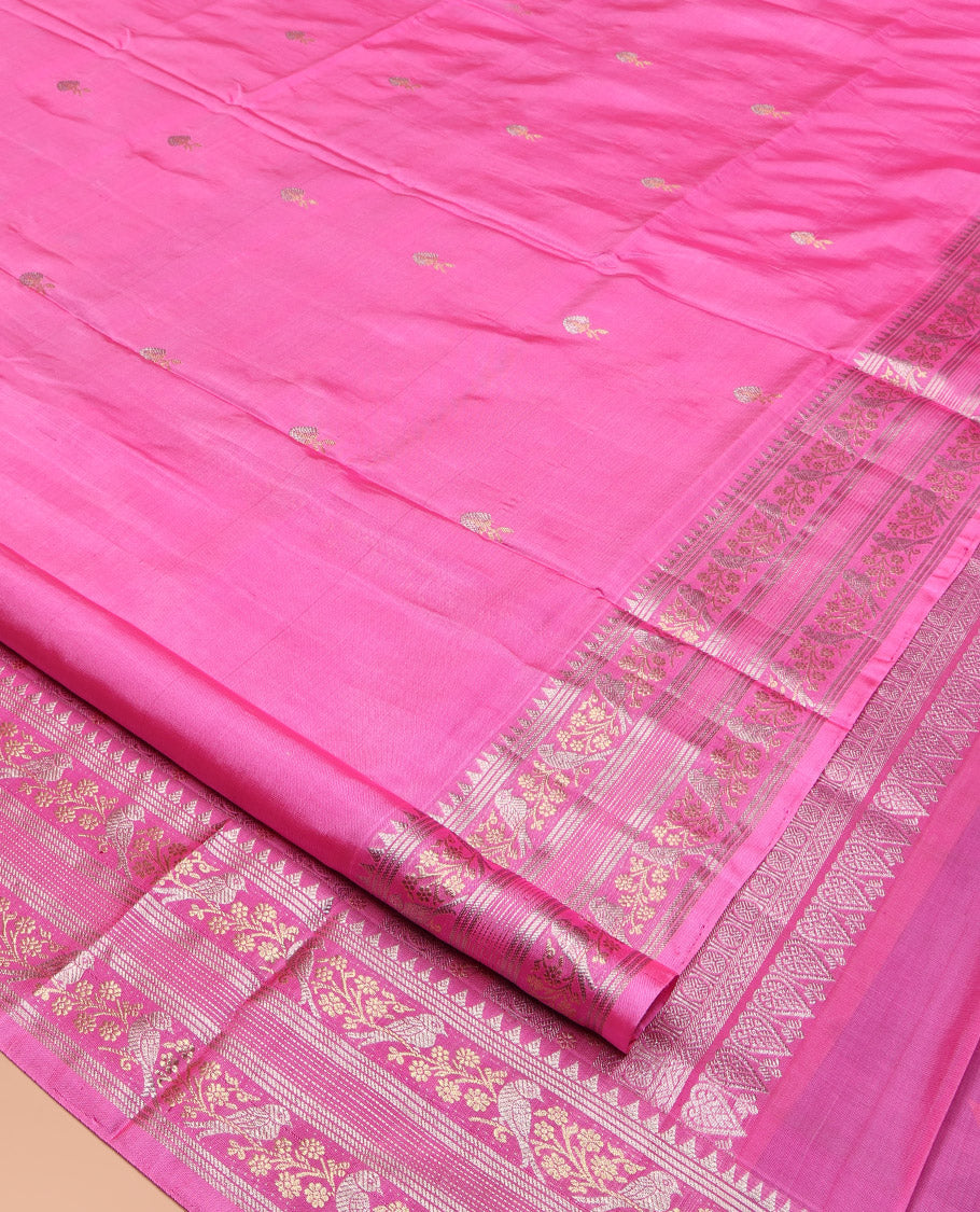Pink Venkatagiri Silk Saree, Woven with Zari Butta and Chevron Stripes All Over Its Body, Highlighted by a Traditional Zari Border, Pallu of Rudraksham Designs, and Paired with a Matching Blouse