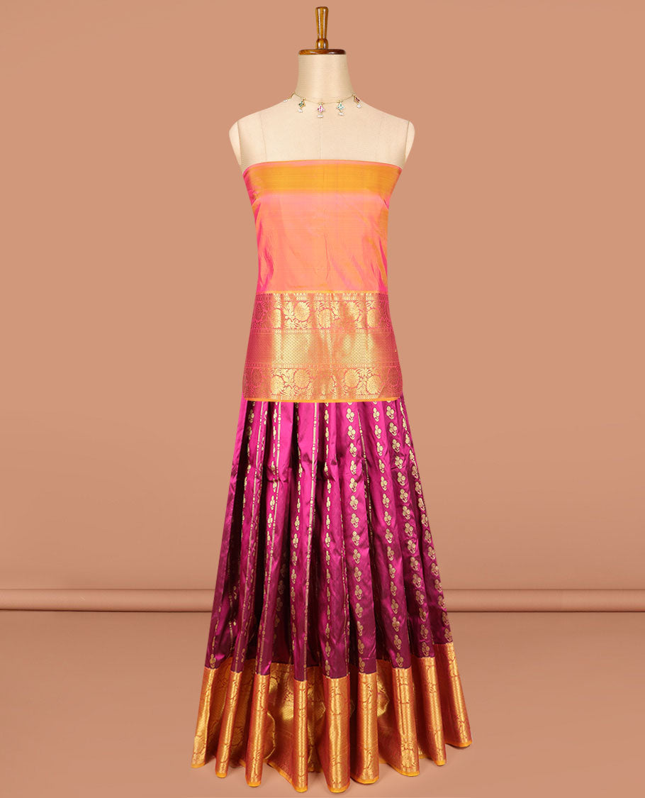 Dark pink floral design silk half saree with contrast border of thilakam mokku, banaras, paun design, zari design blouse & zari design border dhavani