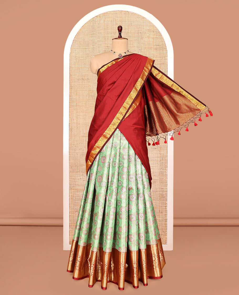 Green Art Silk Half-Saree, Enthralled with Jacquard Design, Contrast Floral Zari Design Border, Paired with a Contrast Jacquard Blouse, and an Intricate Dhavani