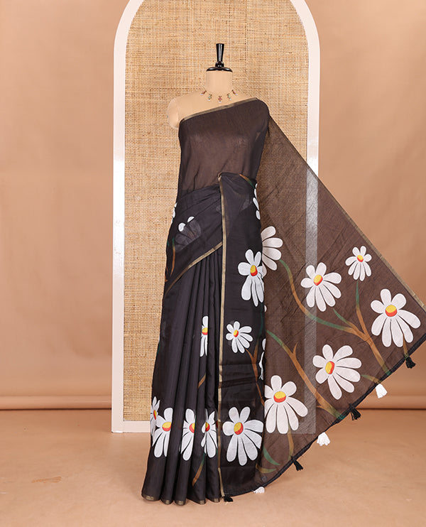 Borderless black Floral design chanderi cotton saree , floral vine printed pallu and small floral printed blouse