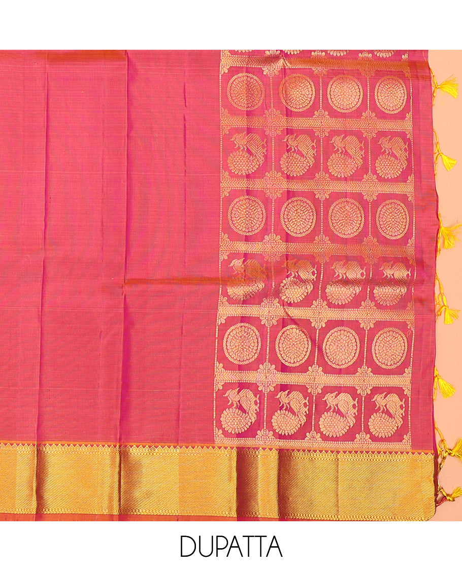 Purple Pure Silk Half-Saree Artfully Detailed with Zari Designs on its Skirt, Complemented by a Contrast Border Featuring Neli, Manga, Rekku, Rudraksham, And Mayil Kann, Comes with a Contrast Blouse and a Dhavani of Anna Chakram Designs