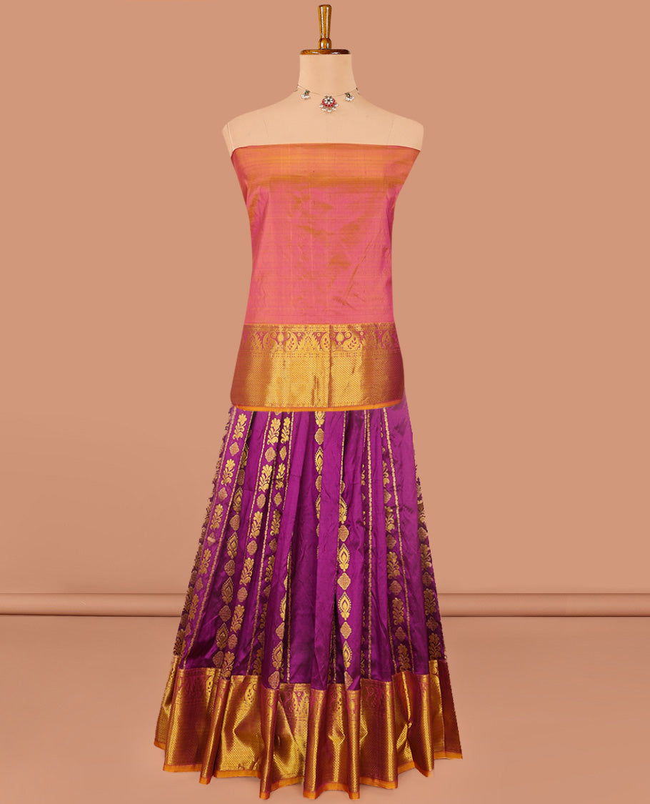 Purple Pure Silk Half-Saree Artfully Detailed with Zari Designs on its Skirt, Complemented by a Contrast Border Featuring Neli, Manga, Rekku, Rudraksham, And Mayil Kann, Comes with a Contrast Blouse and a Dhavani of Anna Chakram Designs