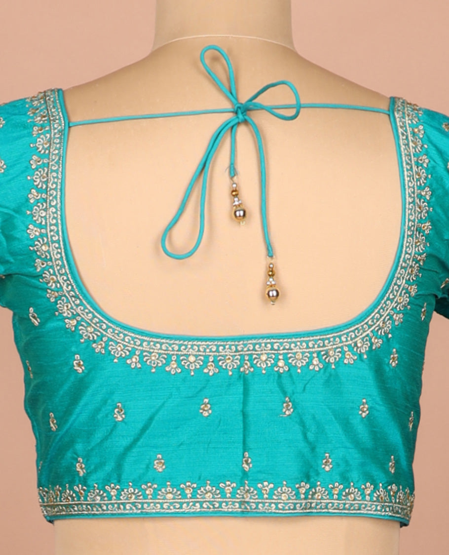 Blue thread embroidered front-and-back round elbow-sleeve readymade blouse