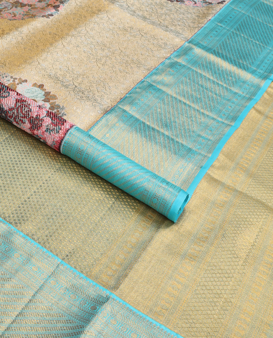Grey meenakari floral jacquard silk saree, contrast intricate pallu & border of banaras,muthu,kamalam & poun