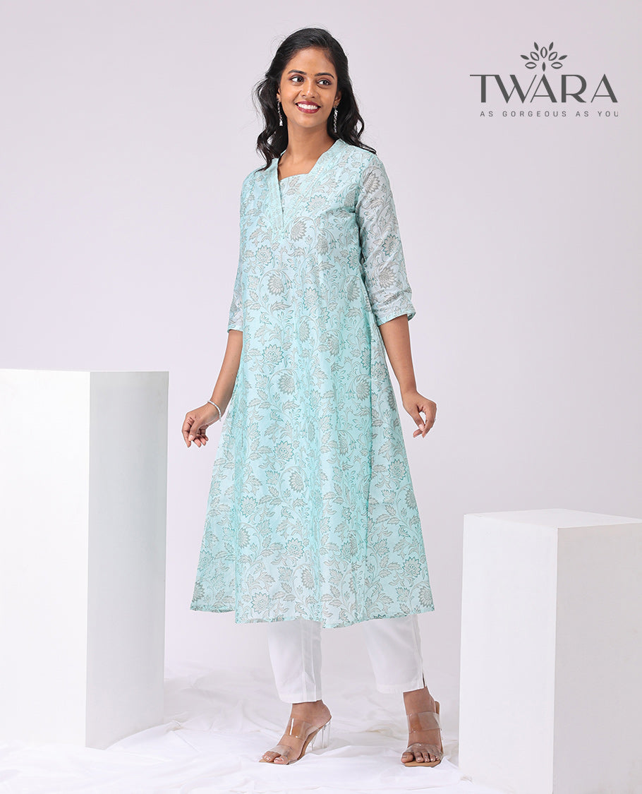 Twara Light Blue floral printed v neck, knee length , elbow sleeve kurti