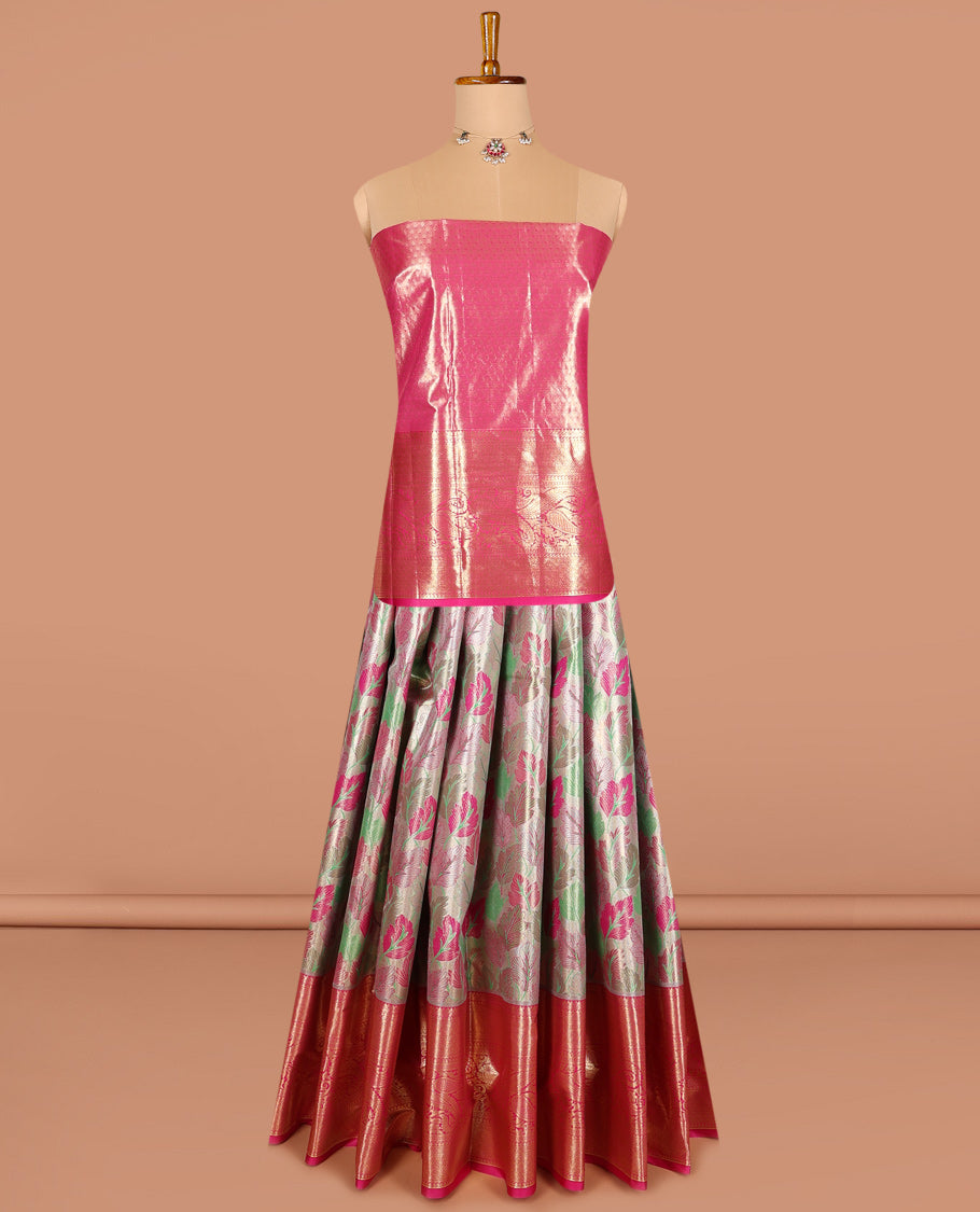 Multi-color art silk half saree material , jacquard with contrast traditional zari bordered skirt, contrast jacquard blouse, and intricate dhavani