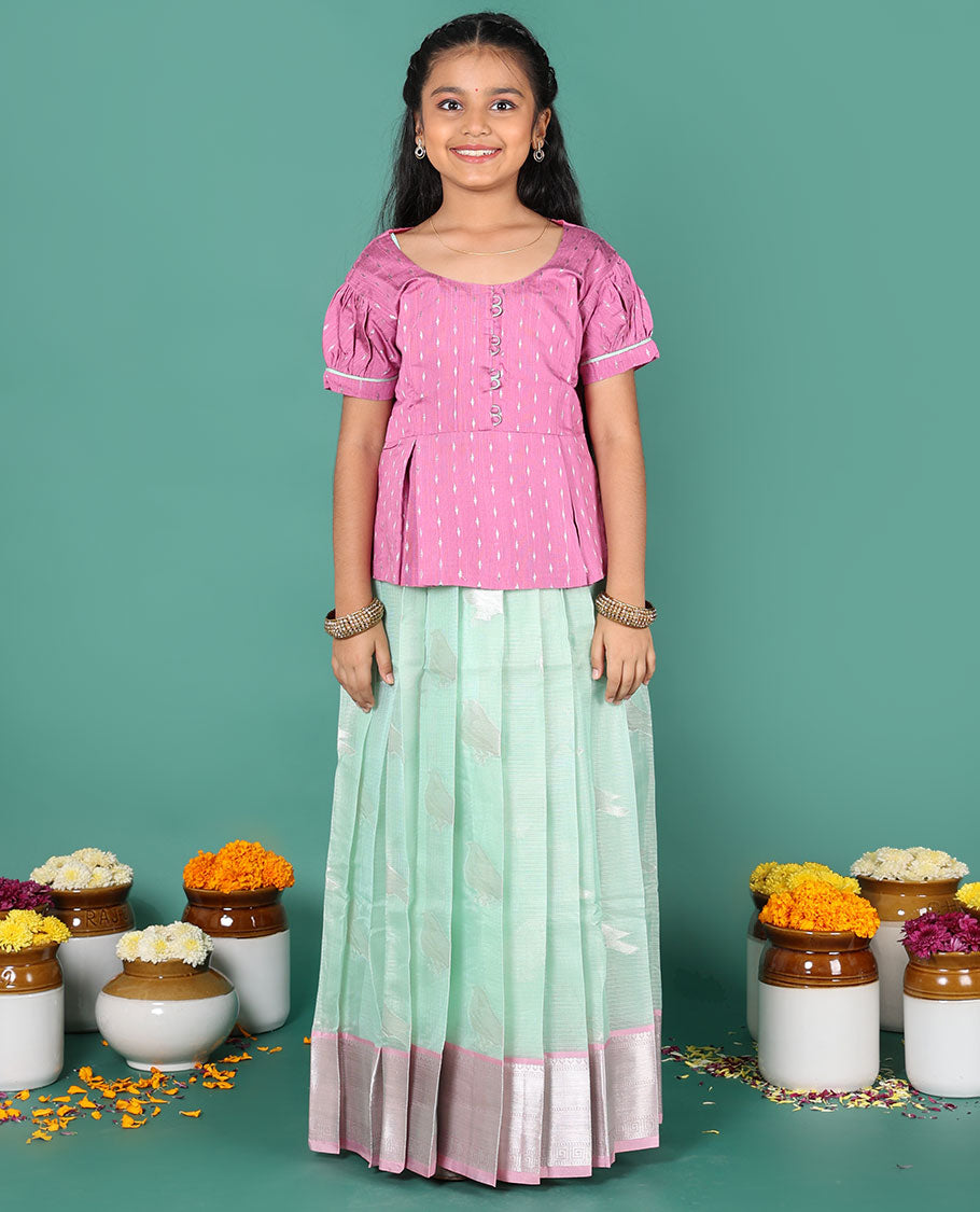 Blue readymade art silk pavadai, sparrow buttas & contrast traditional border skirt, & contrast buttas round neck puff-sleeve blouse