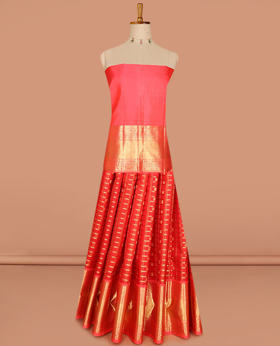 Red pure-silk half saree, jacquard skirt, zari border & blouse of salngai,muthu,rudraksham & kodi visiry & zari-rich dhavani
