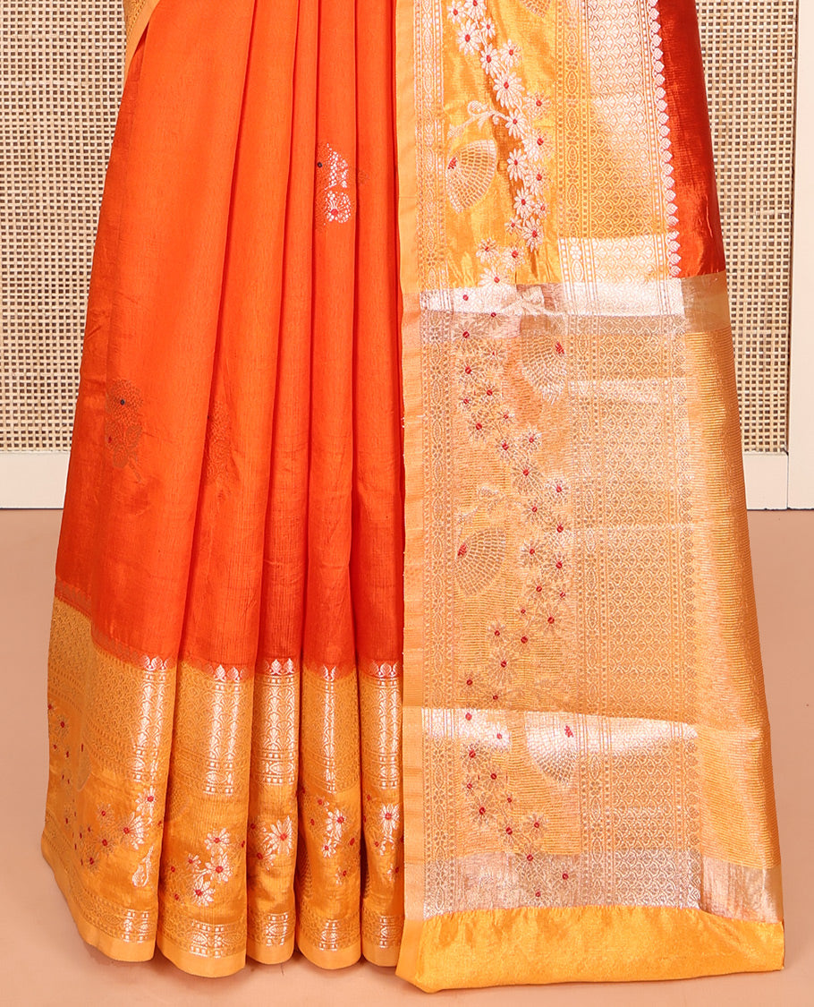 Orange Green-Mango-Silk Saree, Enriched with Floral Zari Buttas All Over Its Body, Complemented by a Contrast Meenakari Zari Traditional Border of Floral Designs, Grand Pallu, and Paired with a Contrast Blouse