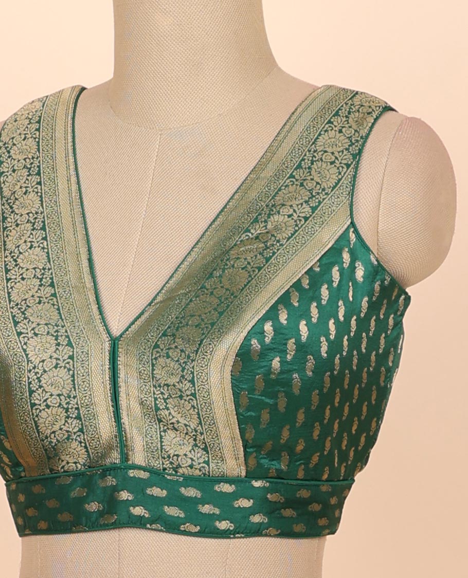Dark green floral zari design front & back deep v-neck raw-silk readymade sleeveless blouse