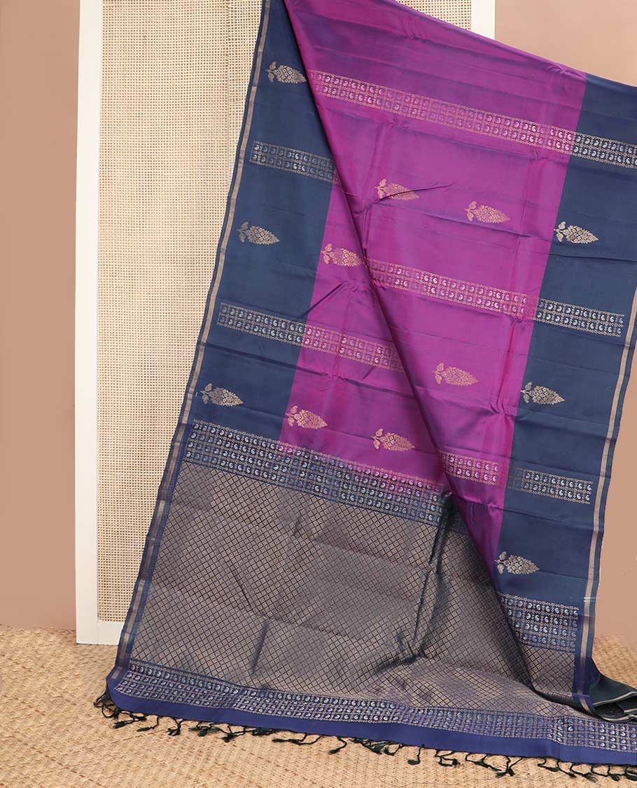 Purple zari buttas silk mix saree, contrast zari design border & pallu of manga butta enclosed checks & jaal designs