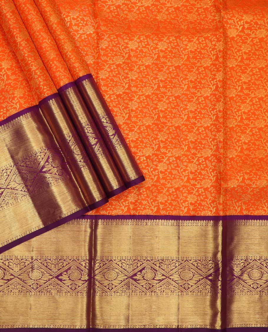 Orange pure silk half saree, jacquard skirt, contrast korvai border of thilakam mokku, paisa, and diamond designs, and jaal dhavani