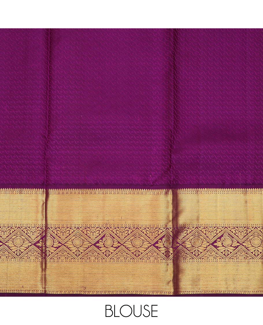 Orange pure silk half saree, jacquard skirt, contrast korvai border of thilakam mokku, paisa, and diamond designs, and jaal dhavani