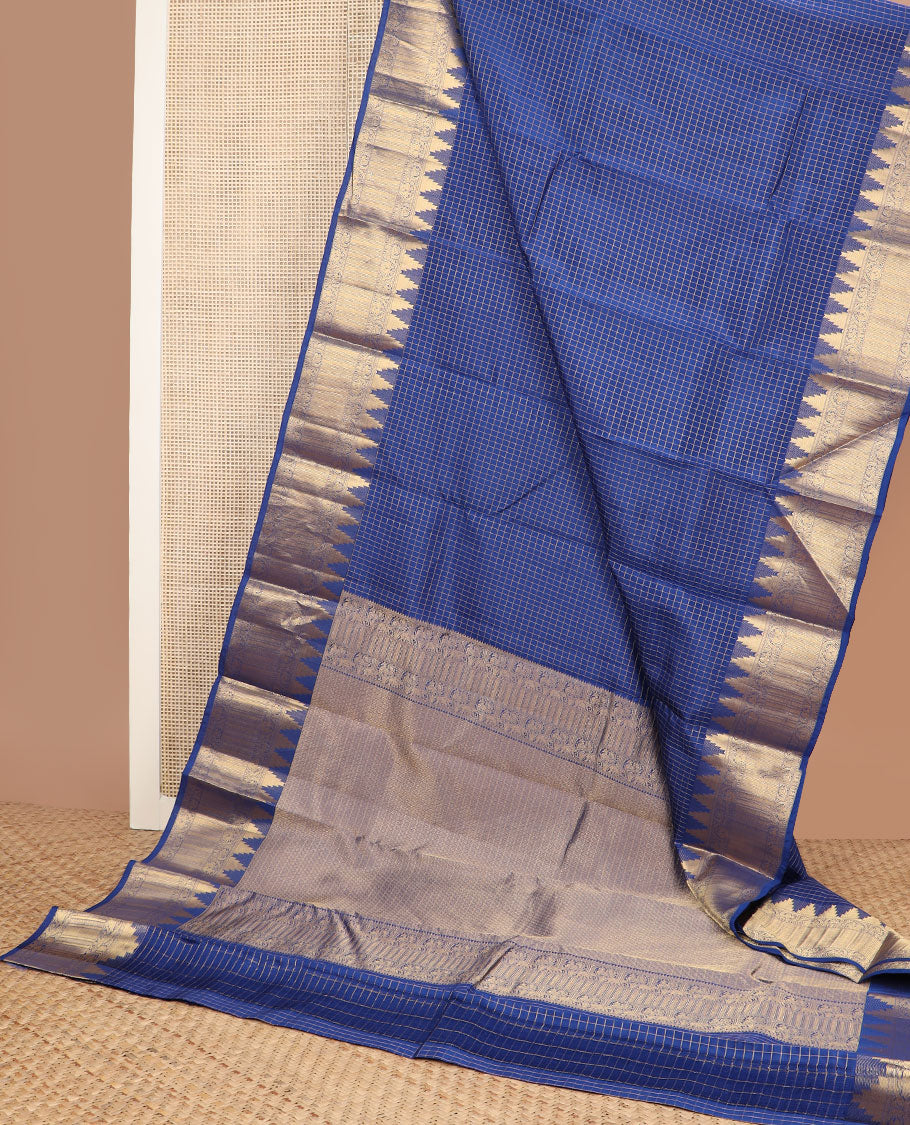 Blue checked vasundhara silk mix saree, jaal pallu & zari border of thazampoo rekku,mayil,annam,yaanai,kathir,neli & kuyil kann