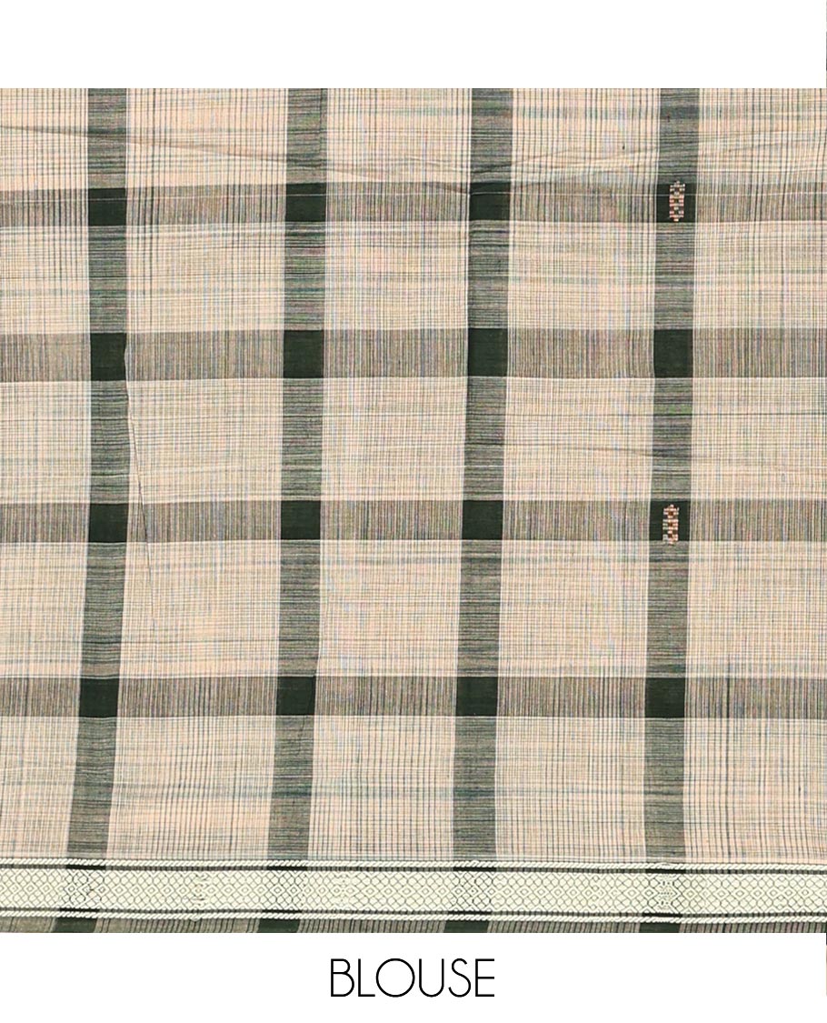 Dark Green Andhra Cotton Saree, Featuring Big Checked Design All Over Its Body, Subtly Sparked with a Traditional Border, Pallu of Stripes, and Paired with a Matching Blouse