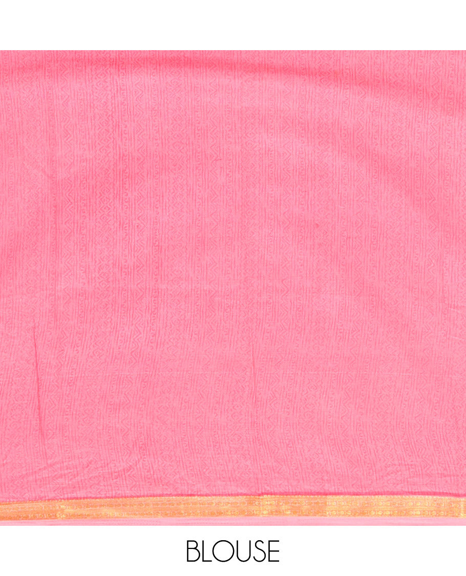 Pink Printed Silk Saree Featuring Floral Vine Print, a Floral Printed Zari Border, Floral Printed Pallu, and a Contrast Blouse