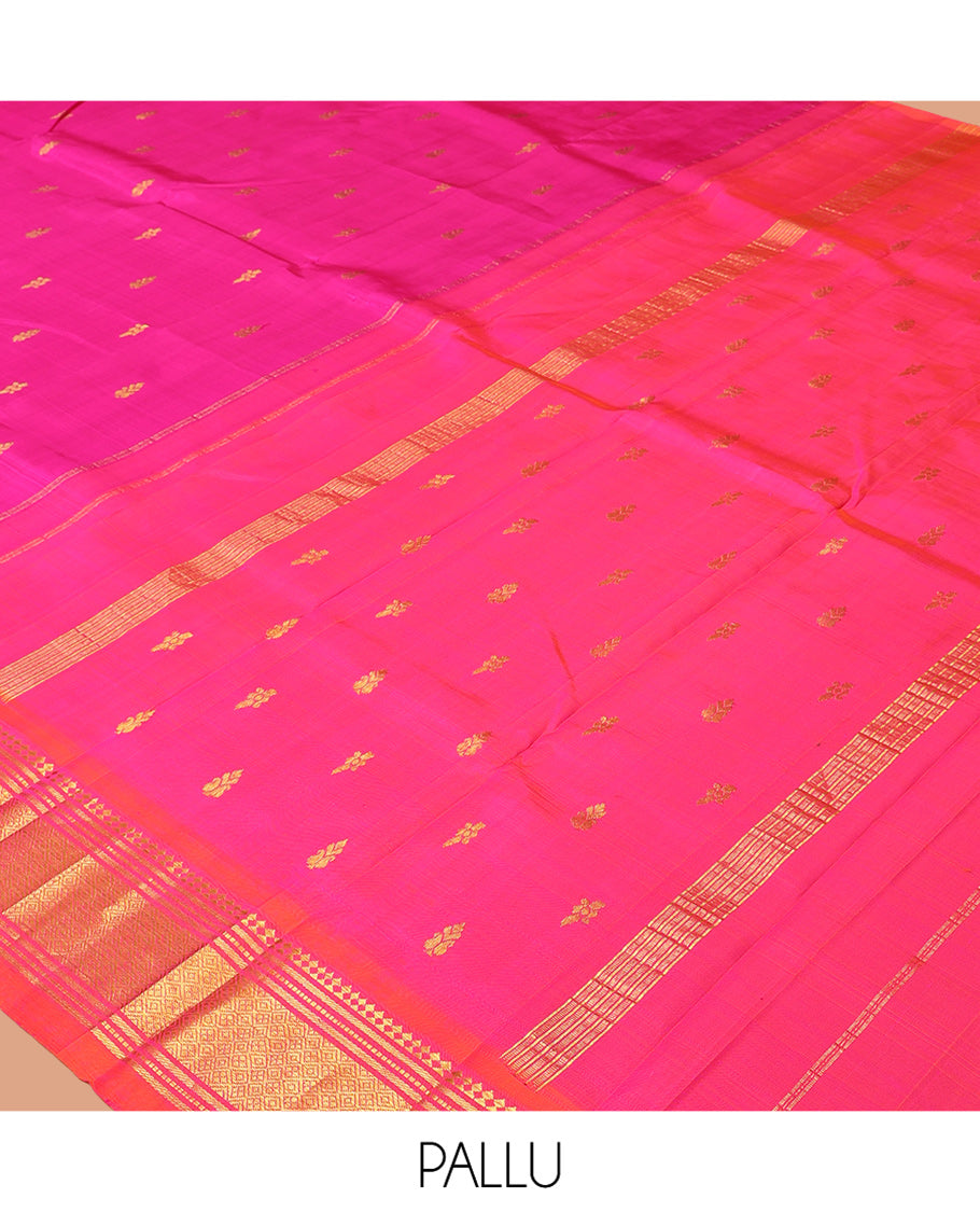 Pink Kanchipuram Silk Saree, Embellished with Zari Buttas, Complemented by a Contrast Border of Panner Sombu, Banaras, Muthu, and Jaal Design, Pallu of Zari Design, and No Blouse