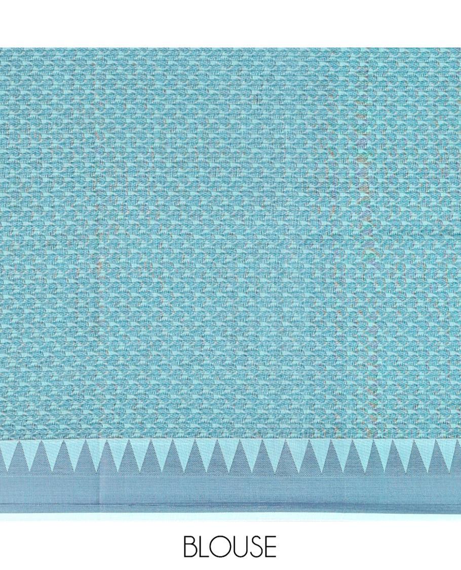 Blue Semi-Silk Cotton Saree, Subtly Sparkled with Buttas and Micro-Checks All Over Its Body, Highlighted by a Temple Border, Intricate Pallu, and Paired with a Contrast Blouse