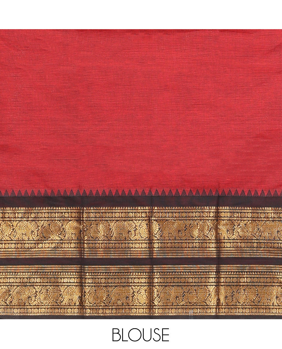 Maroon Cotton Half-Saree Features Plain Skirt, a Contrast Traditional Zari Border, a Matching Blouse, and a Contrast Dhavani