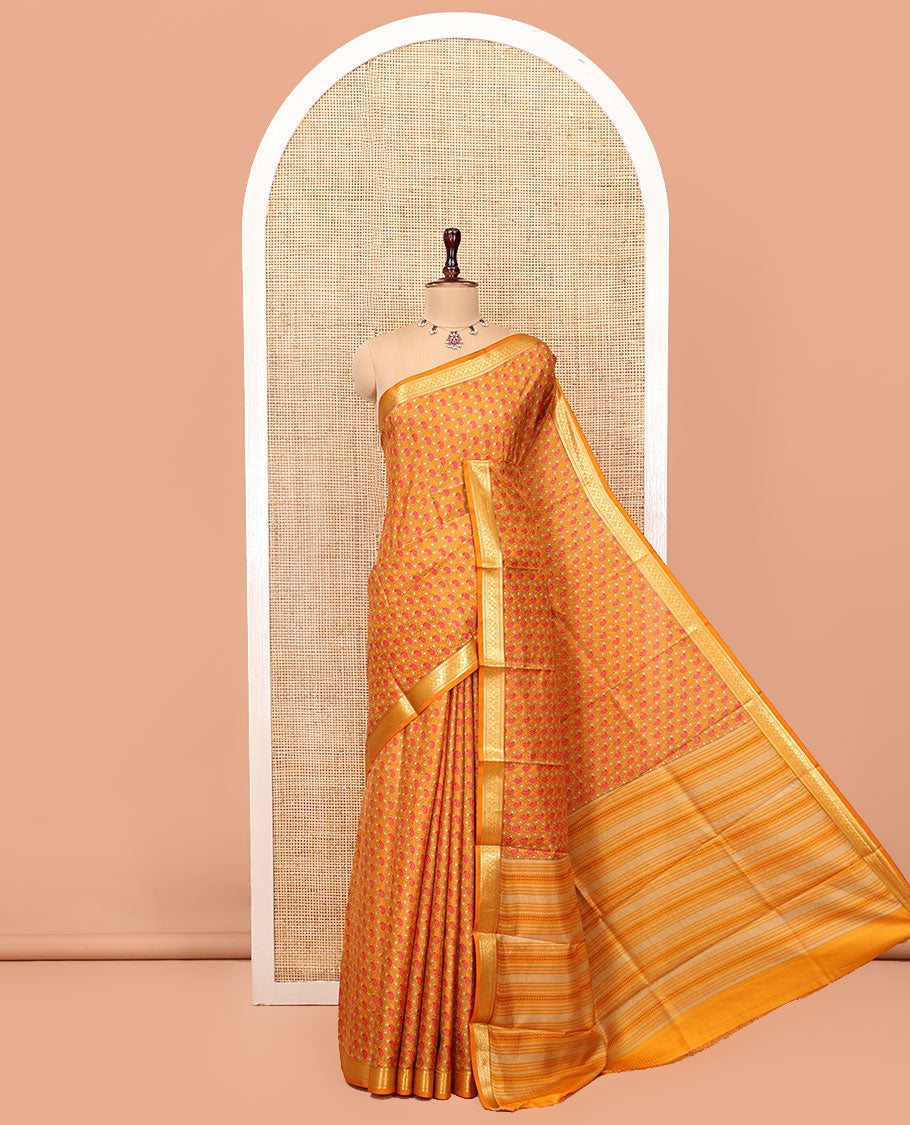 Orange Printed Silk Saree, Steeped with Paisleys, a Traditional Zari Border, Geometric Patterned Pallu, and Matching Blouse
