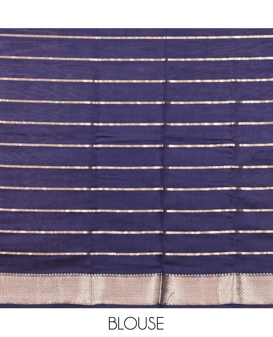 Blue Assam Silk Saree, Gleamed Up with Zari Stripes, Highlighted by a Traditional Zari Border, Gleaming Zari-Striped Pallu, and a Matching Blouse