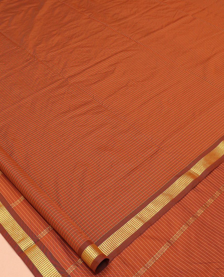 Rust Checked Art-Silk Nine Yard Saree, a Traditional Zari Border, a Self-Pallu, and No Blouse