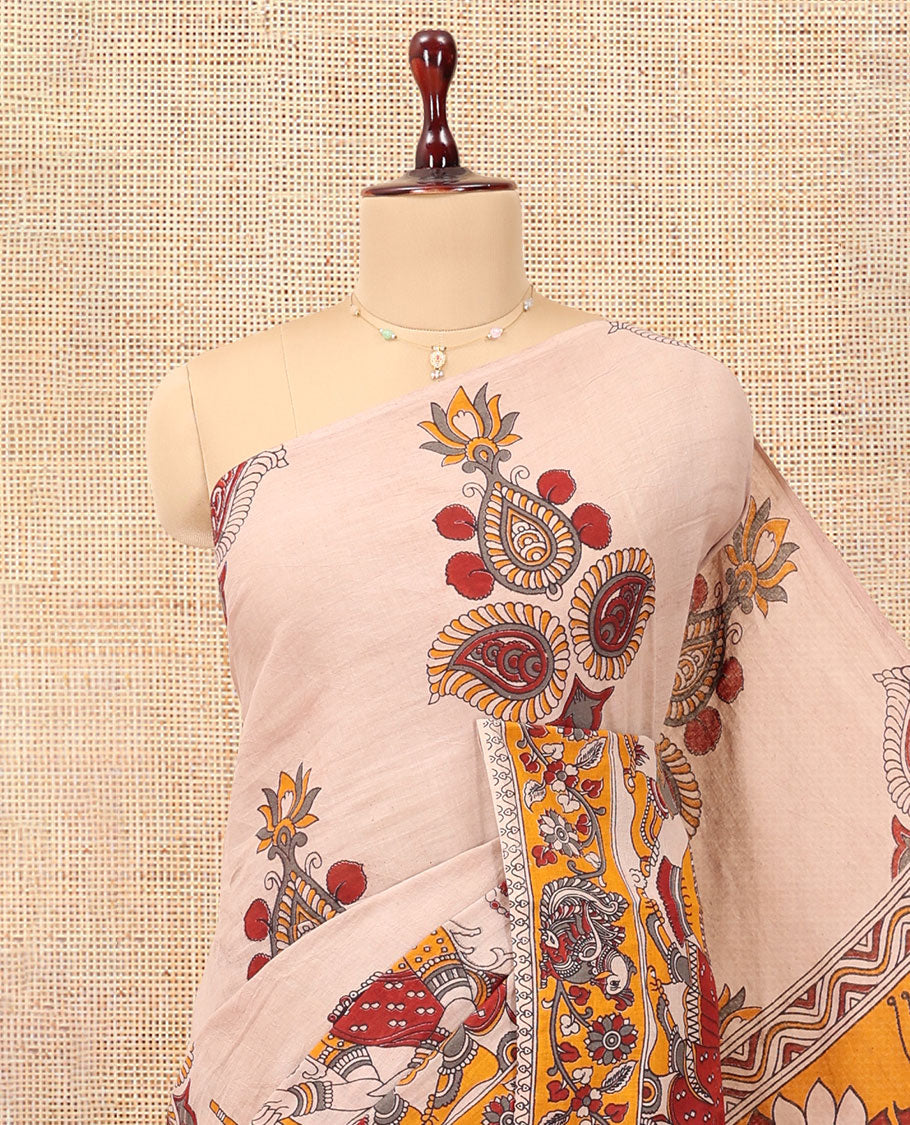 Sandal Kalamkari Cotton Saree, Decorated with Ancient Huma Motif Print, Contrast Printed Border, Kalamkari Peacock Motifs Pallu, and a Contrast Blouse