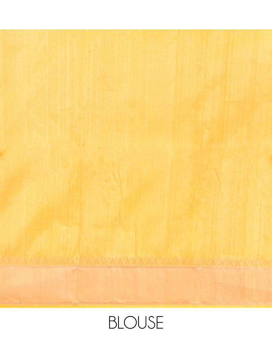 Yellow Tussar Silk Saree, Delicately Woven with Thread Buttas, a Subtle Temple Border, Pallu of Thread Designs, and a Contrast Blouse