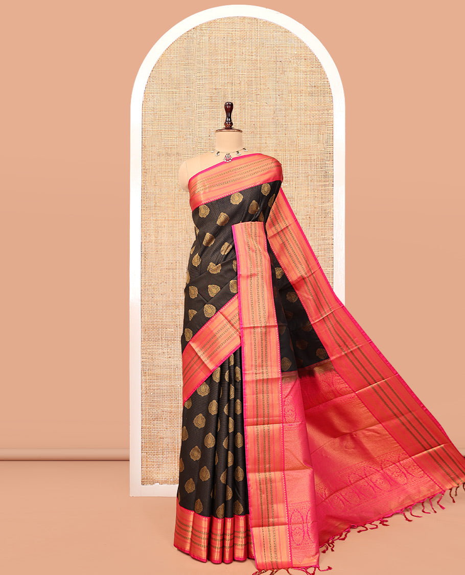Brown Budget Silk Saree, Beautifully Bedecked with Stripes and Buttas, Contrast Traditional Zari Border, Grand Pallu, and a Contrast Blouse